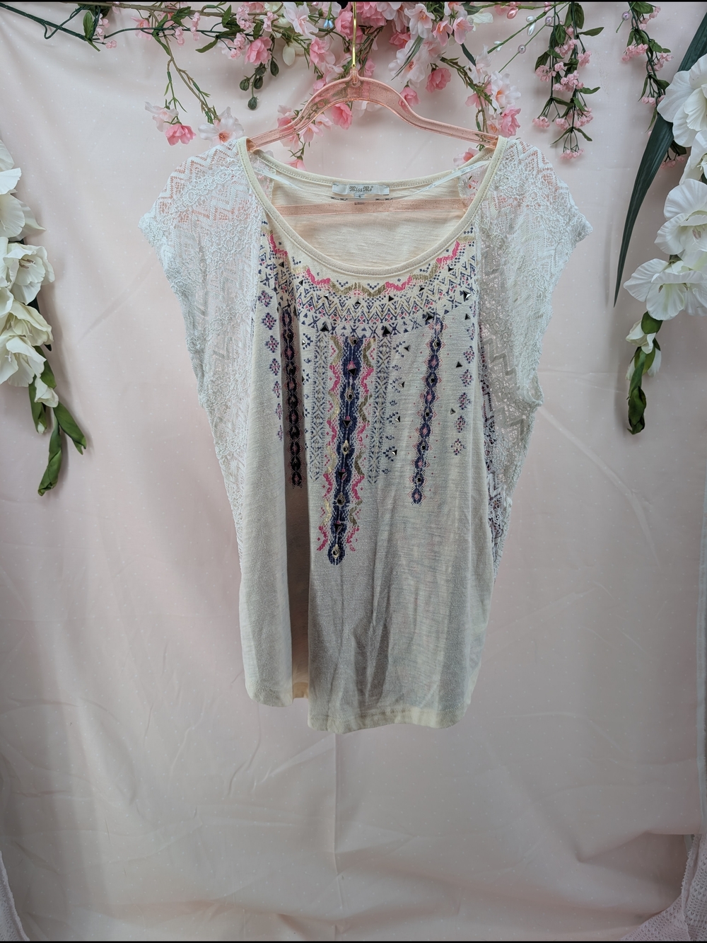 Miss Me Cream Embroidered Crochet-Sleeve Tunic Top